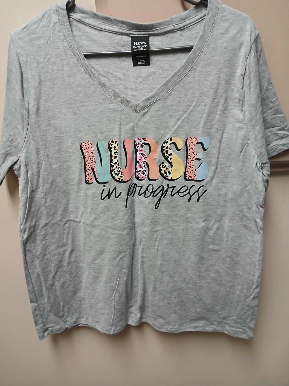 Hanes Gray V-Neck Tee - "Nurse in Progress" Multicolor Print